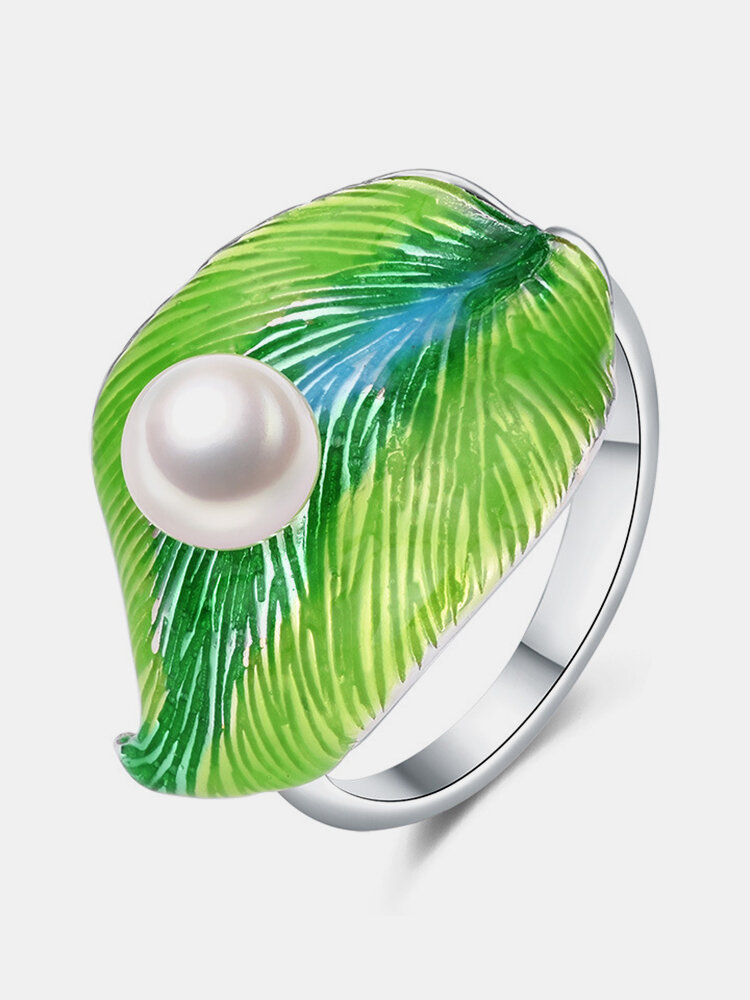 Ethnic Leaf Open Rings Elegant Green White Enamel Platinum Plated Adjustable Rings for Women 