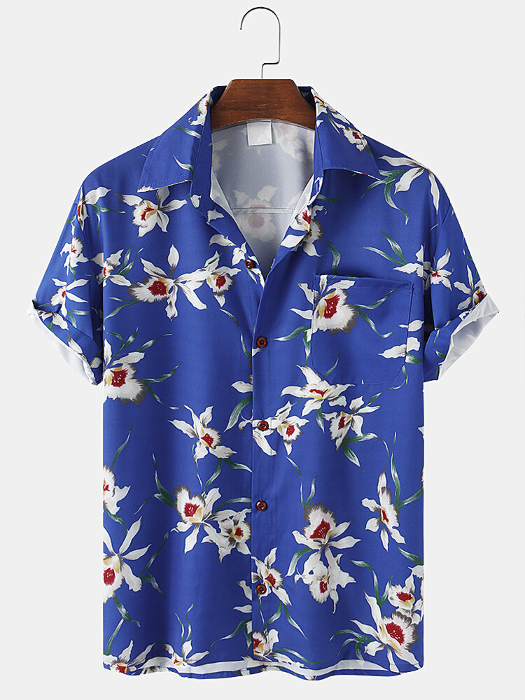 Mens Allover Floral Print Casual Light Chest Pocket Short Sleeve Shirts