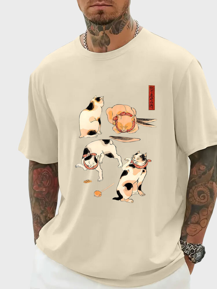 

Mens Japanese Cartoon Cat Print Crew Neck Short Sleeve T-Shirts, Apricot