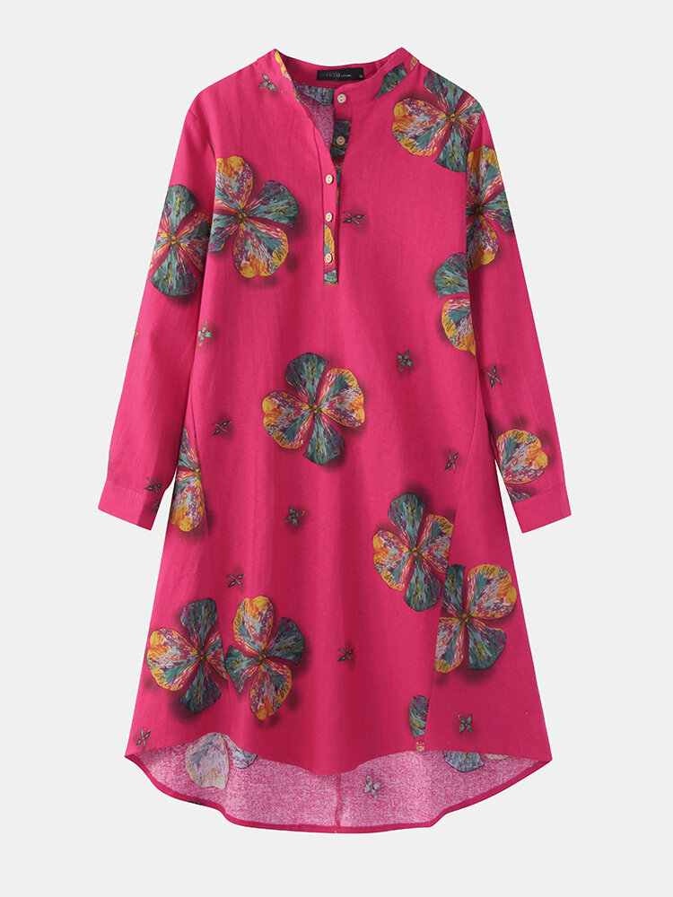 Calico Print Stand Collar Long Sleeve Plus Size Button Dress for Women