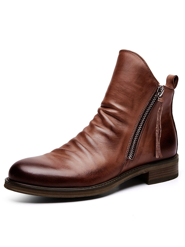 Men Retro Color Leather Non-Slip Zipper Side Tazzel Shoes