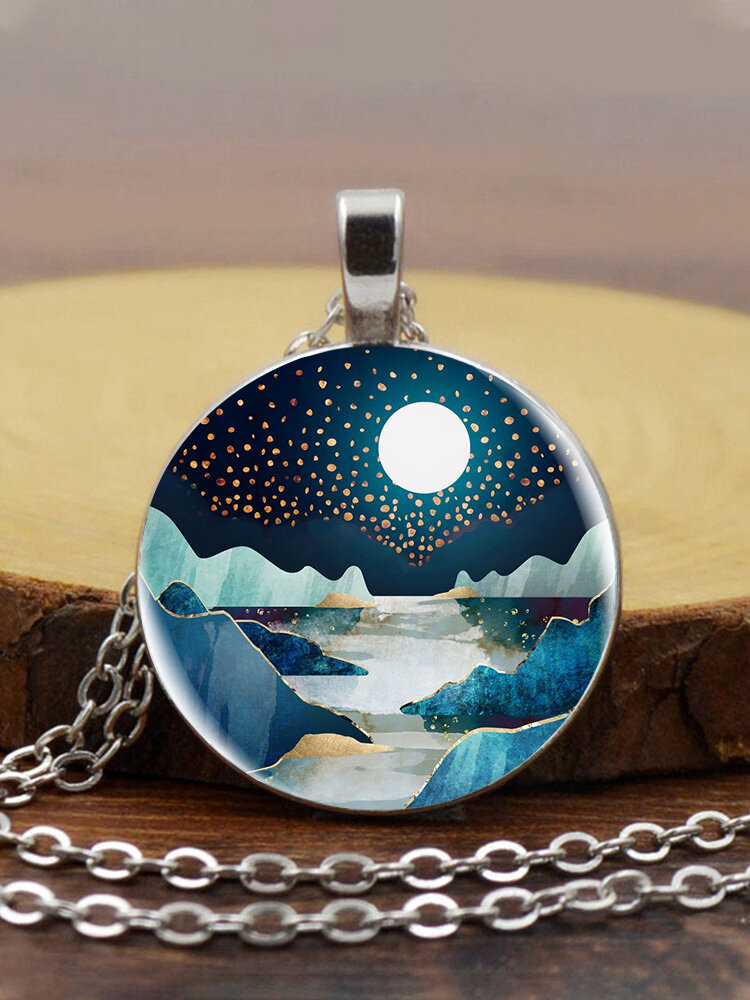 Trendy Metal Round Natural Landscape Print Glass Pendant Necklace