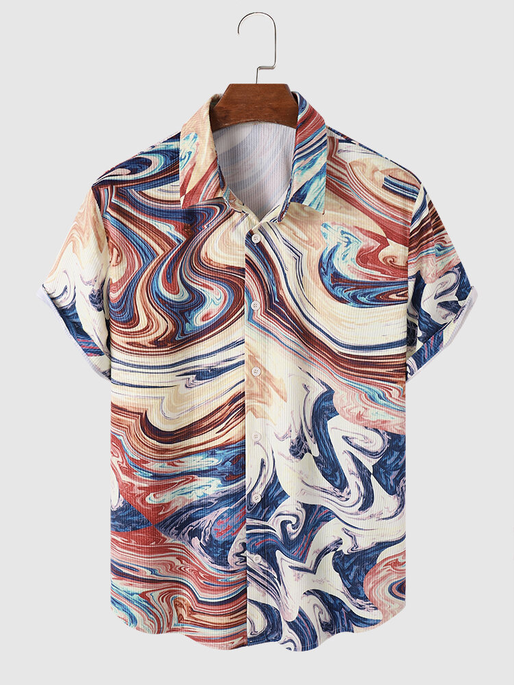 Camisas masculinas Colorful mármore Padrão lapela veludo cotelê manga curta