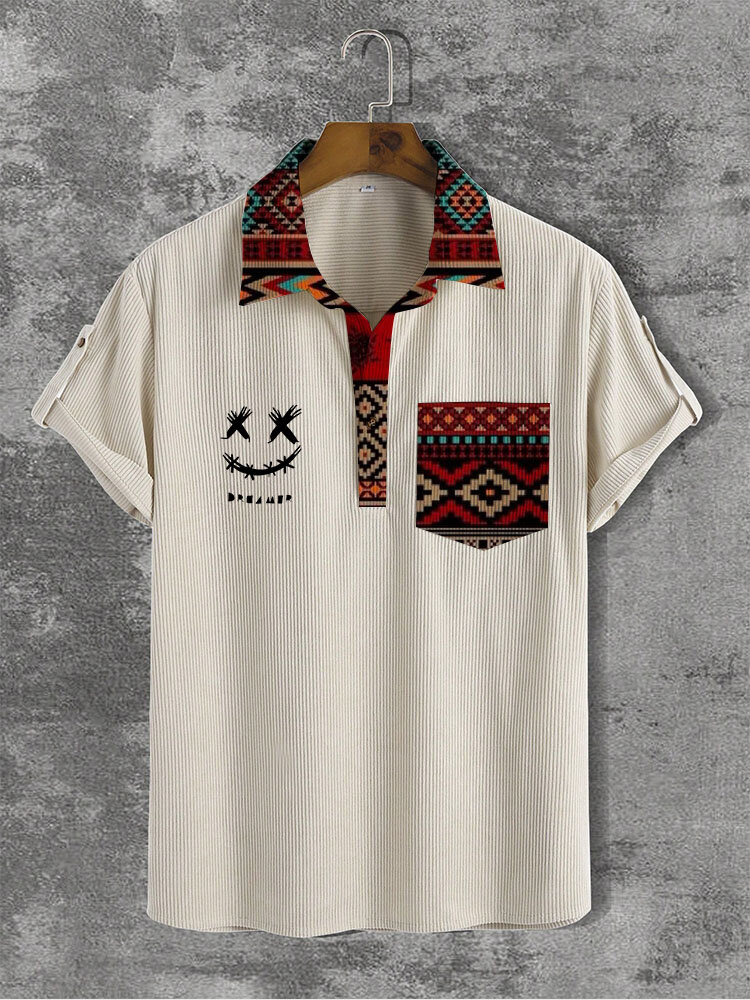 

Mens Ethnic Geometric Smile Print Patchwork Corduroy Short Sleeve Golf Shirts, Beige