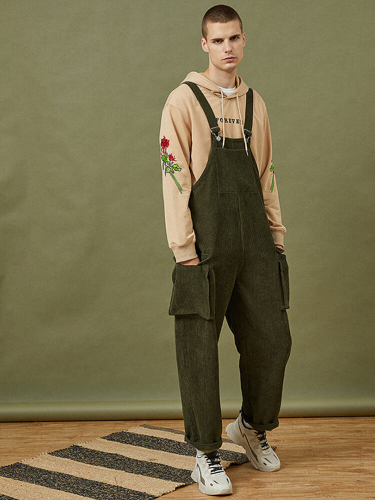 Mens Corduroy Vintage Solid Loose Casual Overalls Jumpsuits With Multi Pockets