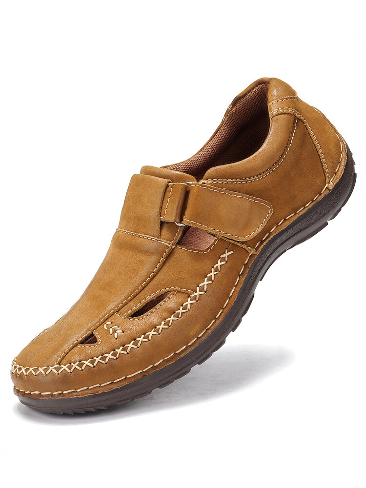 Menico Men Retro Leather Stitching Non Slip Hook Loop Casual Sandals