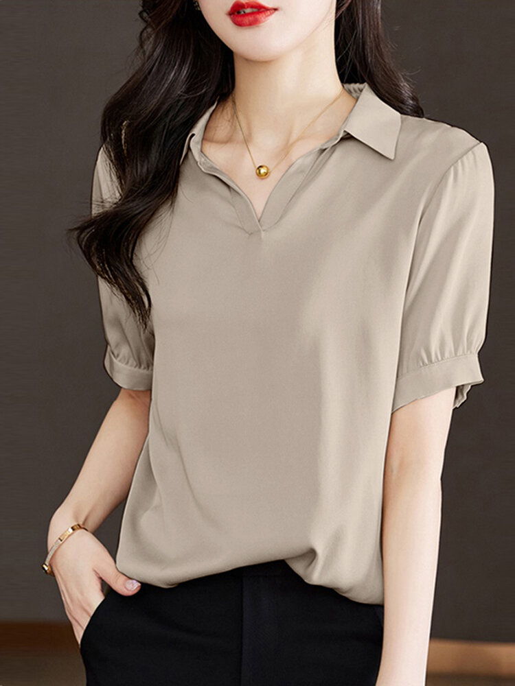 Solid Button Back Lapel Short Sleeve Blouse For Women