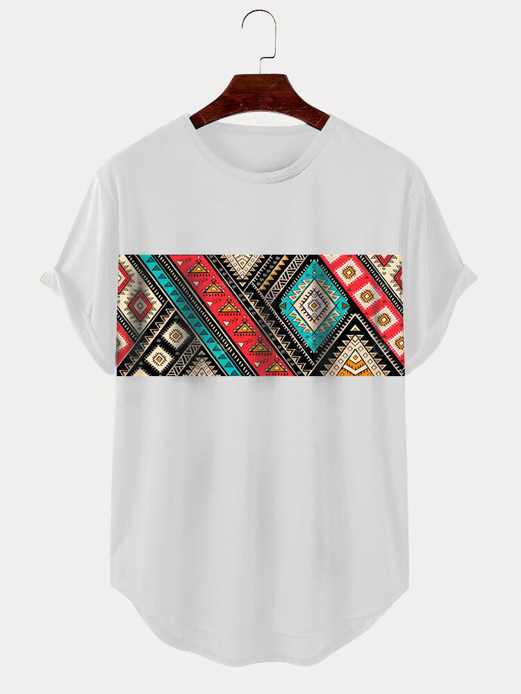 Camisetas masculinas étnicas com estampa geométrica com bainha curva de manga curta e inverno