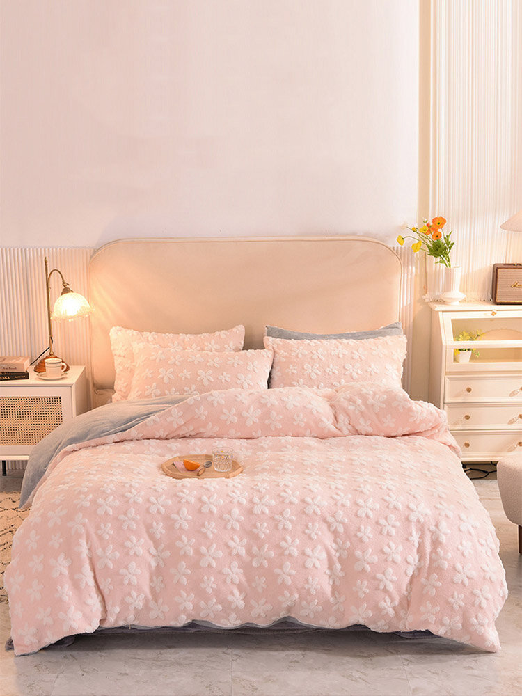 3/4PCS Plush Pink Flower Pattern Bedding Sets Bedspread Quilt Cover Sheet Pillowcase