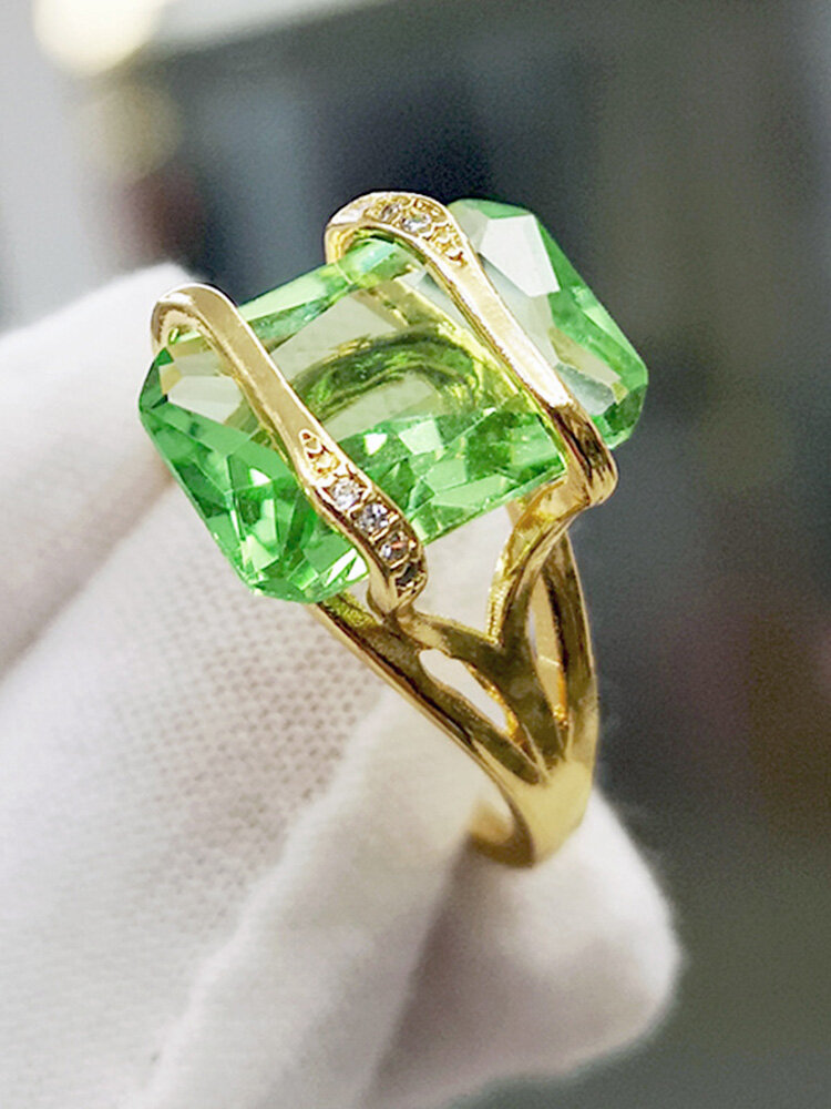 Vintage 18k Gold Plated Geometric Square Zircon Ring Metal Rhinestone Transparent Emerald Finger Rings
