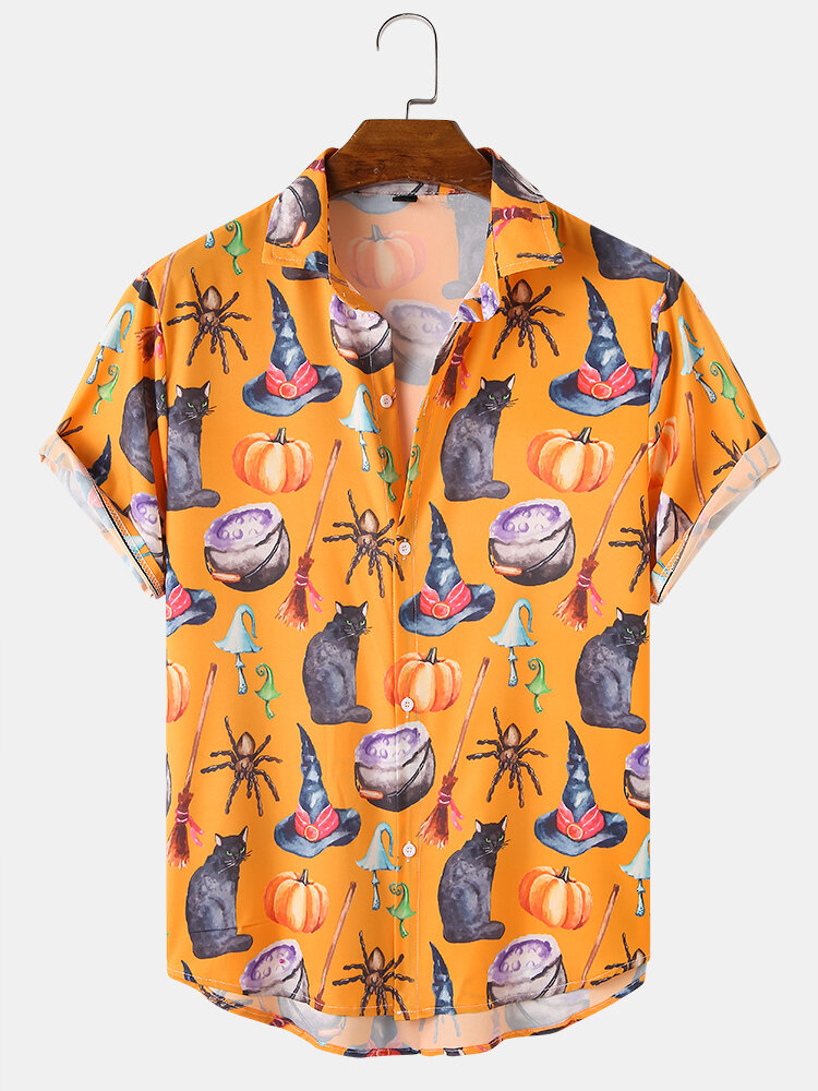 Mens Halloween Funny AllOver Cat Pumpkin Printing Loose Short Sleeve Shirts
