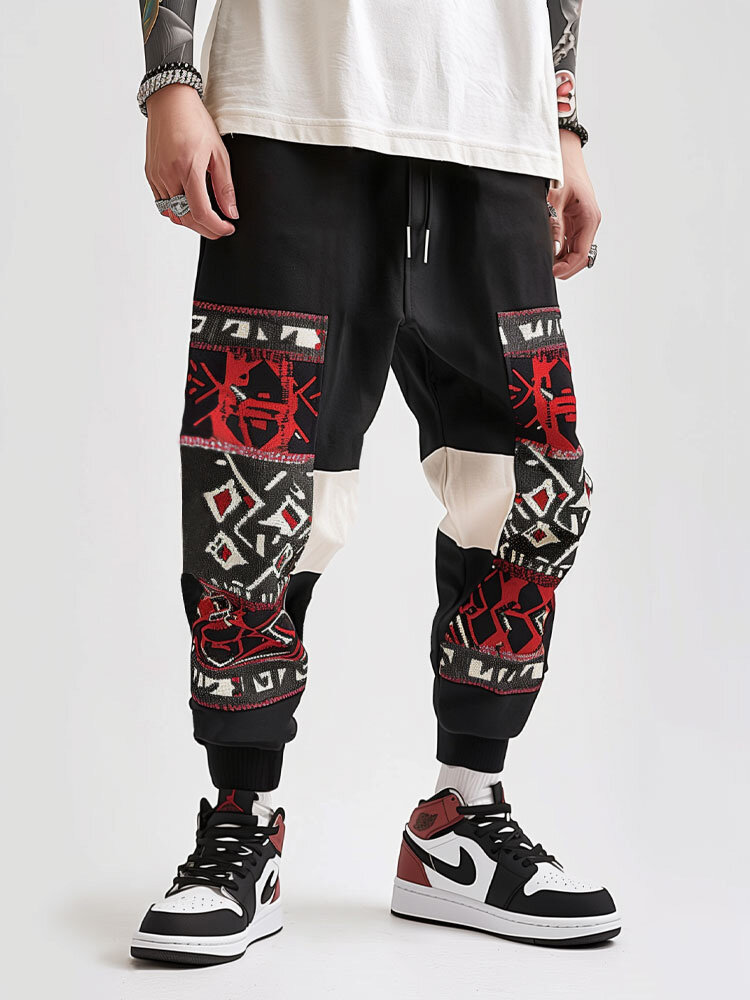 Pantalon à motif ethnique géométrique pour hommes, patchwork à la taille avec cordon de serrage