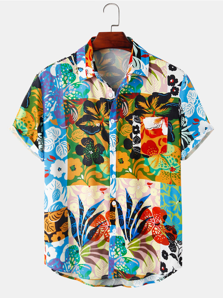 Mens Floral & Leaf Print Holiday Casual Light Short Sleeve Shirts
