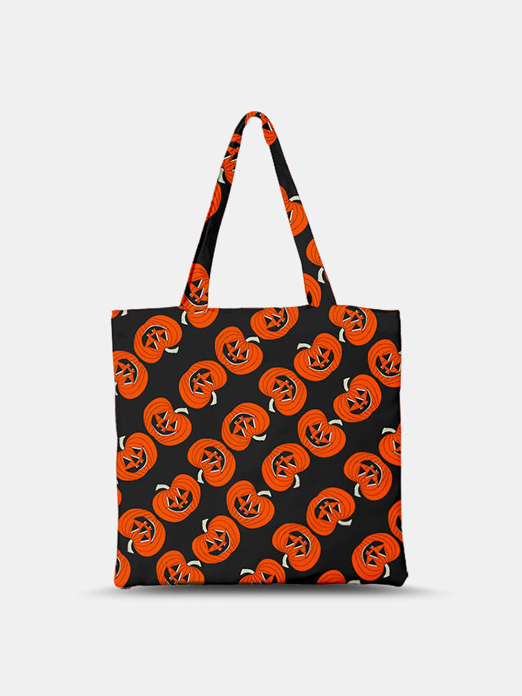 Women Canvas Halloween Theme Cat Pumpkin Bat Printing Tote Shoulder Bag Handbag