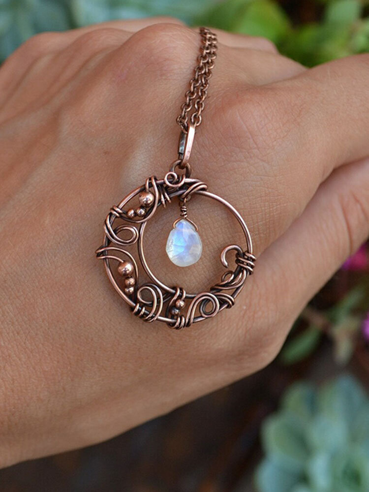 

Vintage Hollow Winding Moon-shaped With Drop Moonstone Pendant Chain Alloy Necklace