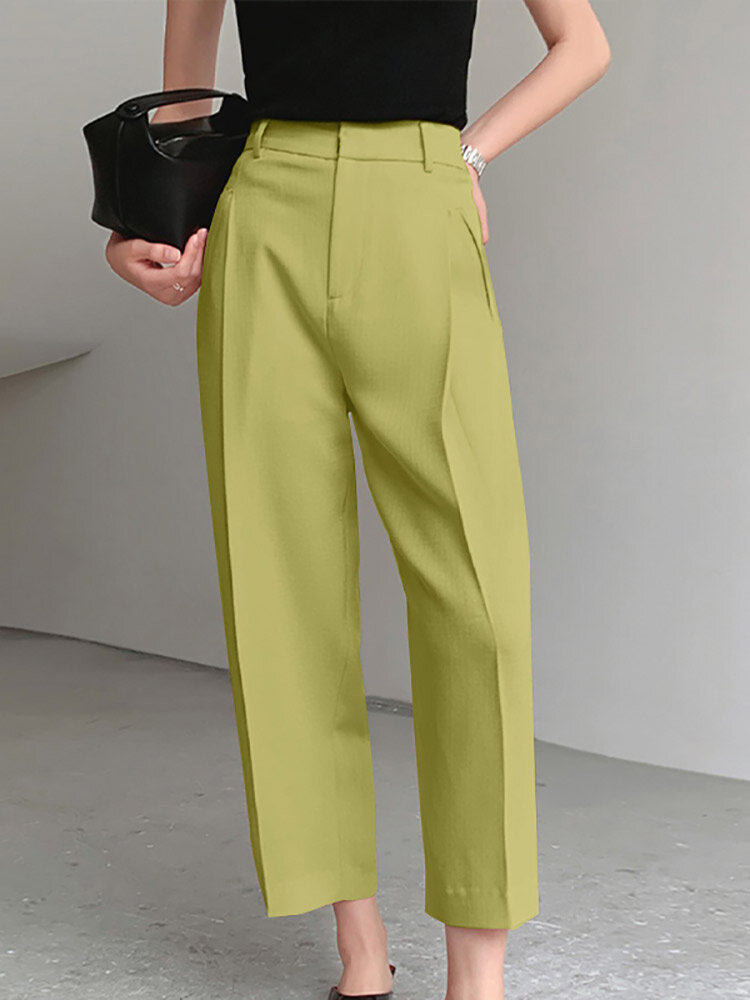 Solid Pocket Straight Leg Crop Pants For Women