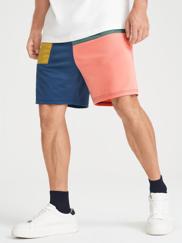 Mens Color Block Stitching Preppy Drawstring Shorts With Pocket