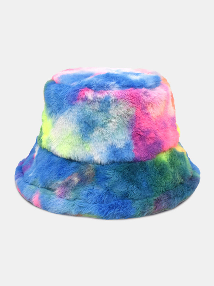 Unisex Faux Rabbit Fur Colorful Tie-dye Thicken Warmth Fashion Bucket Hat