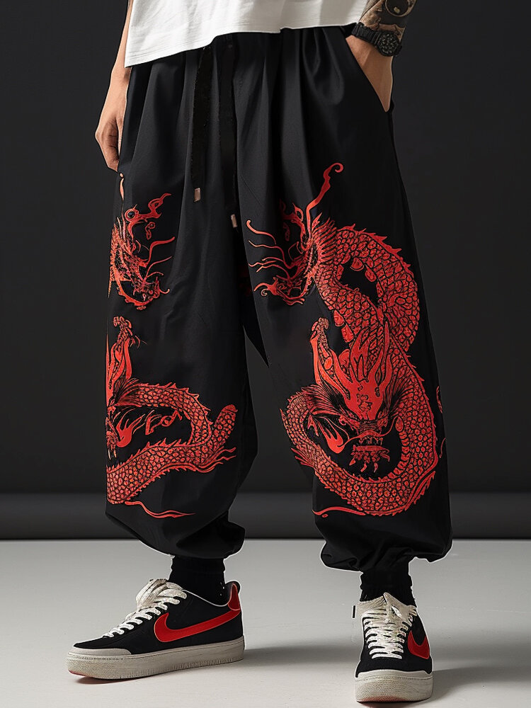Mens Chinese Dragon Print Loose Drawstring Waist Pants