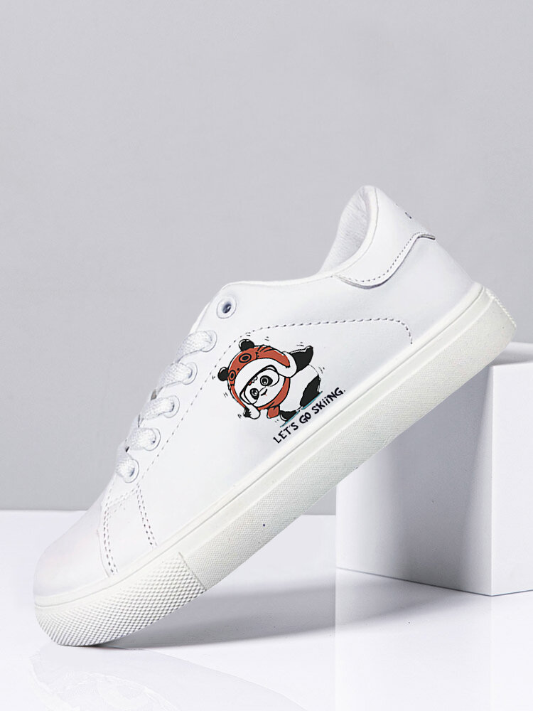 Men Panda Ski Pattern Lace Up White Sports Casual Skate Shoes