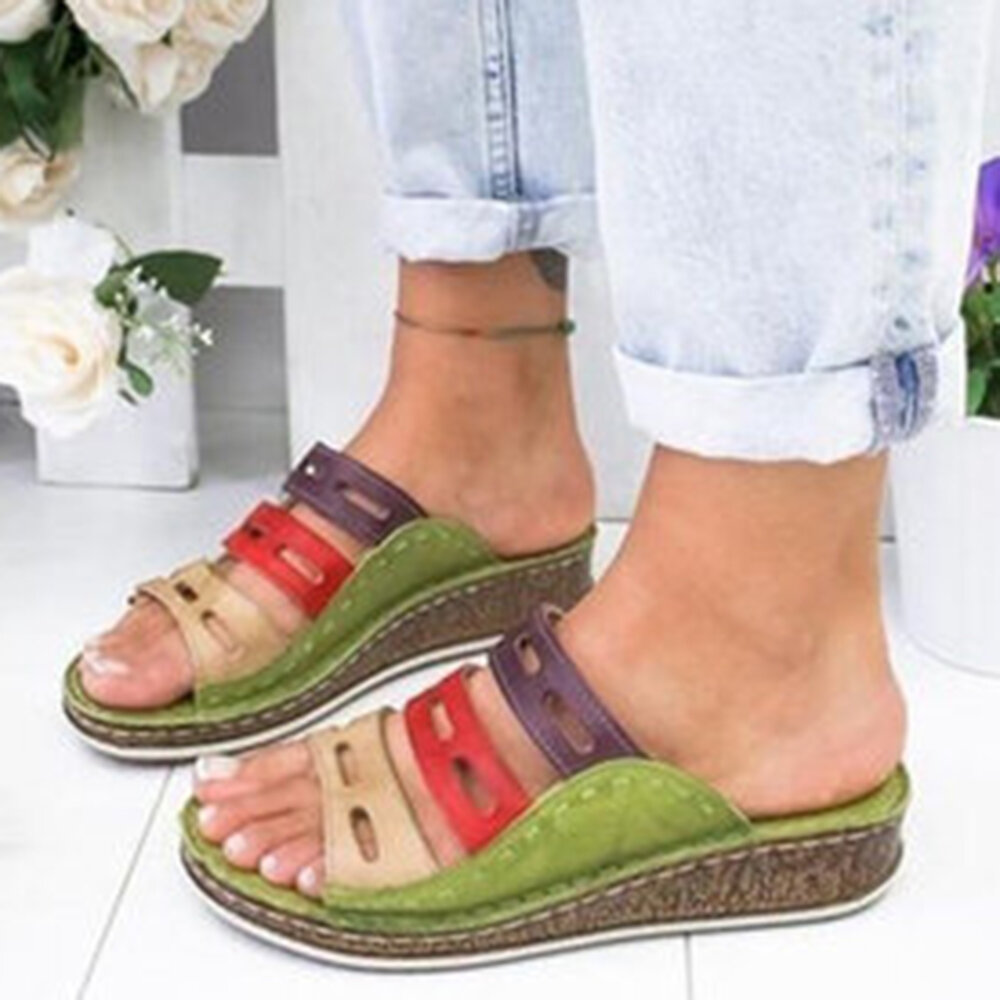 Large Size Women Comfy Retro Stitching Splicing Hollow Wedges Sandals