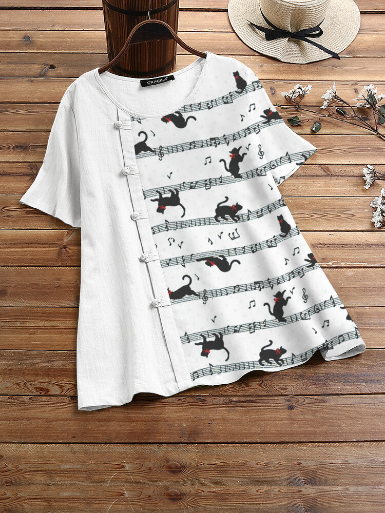Camiseta feminina de manga curta com estampa de gato de desenho animado e botão de sapo