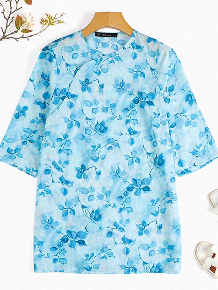 Blusa de manga 3/4 con botones laterales y estampado floral para mujer Diseño