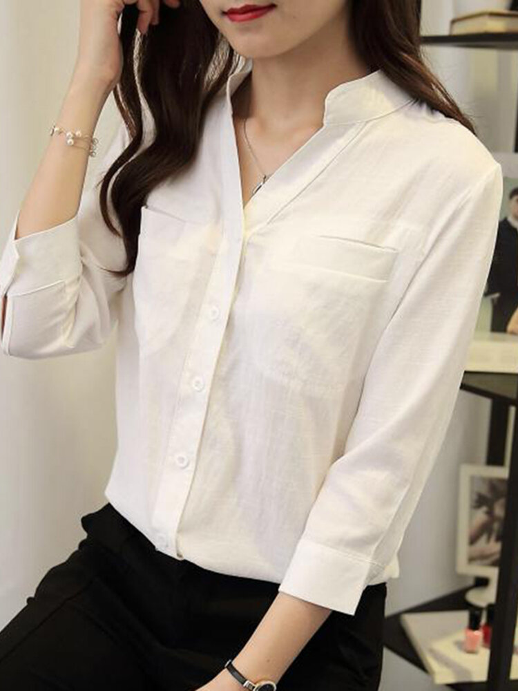 Solid Button Front Stand Collar 3/4 Sleeve Blouse