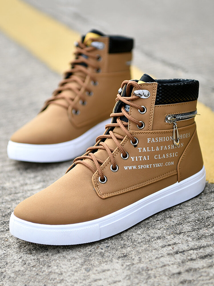 Men Brief High Top Letter Pattern Zipper Lace Up Casual Skate Shoes