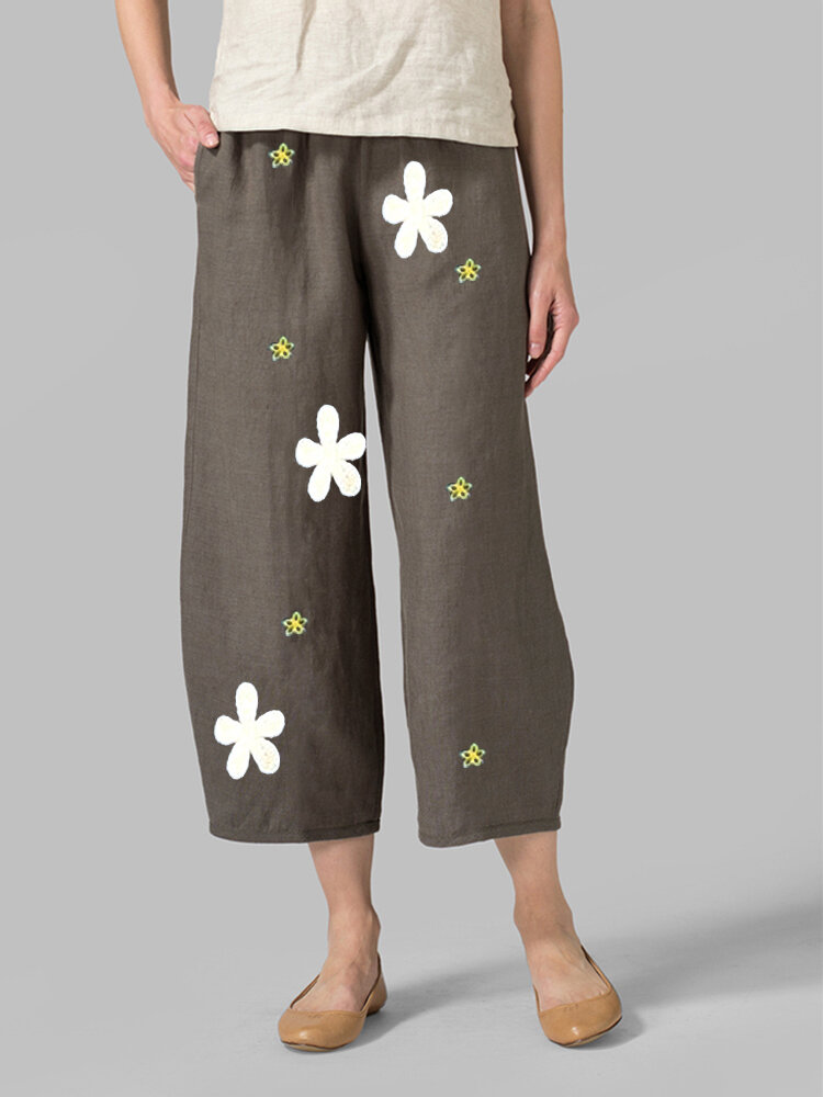 Printed Daisy Floral Elastic Waist Pocket Pants For Women