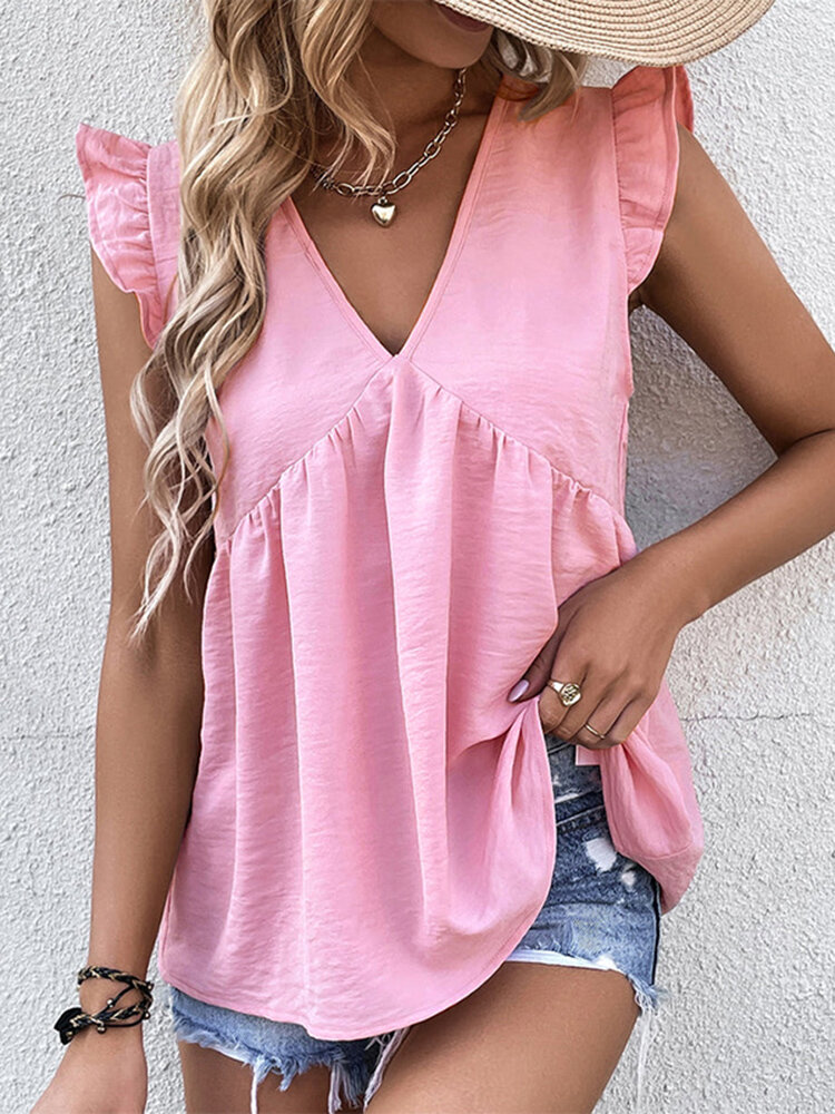 

Women Solid V-Neck Ruffle Sleeveless Casual Tank Top, Black;pink;apricot