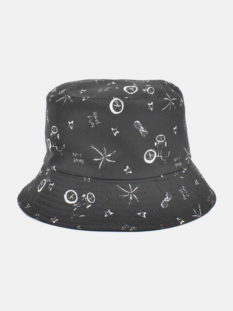 Unisex Cotton Letter Cartoon Pattern Printing Double-sided Wearable Bucket Hat