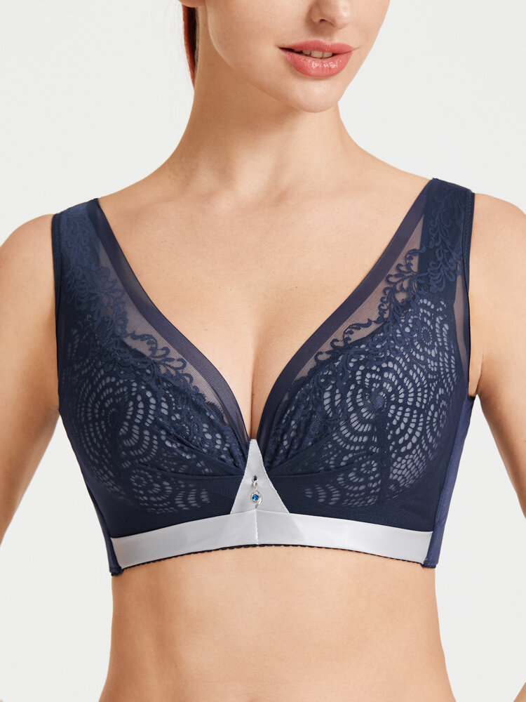 

Women Floral Lace Wireless Hit Color Wide Straps Breathable Strench Push Up Bras, Black;navy;nude;gray