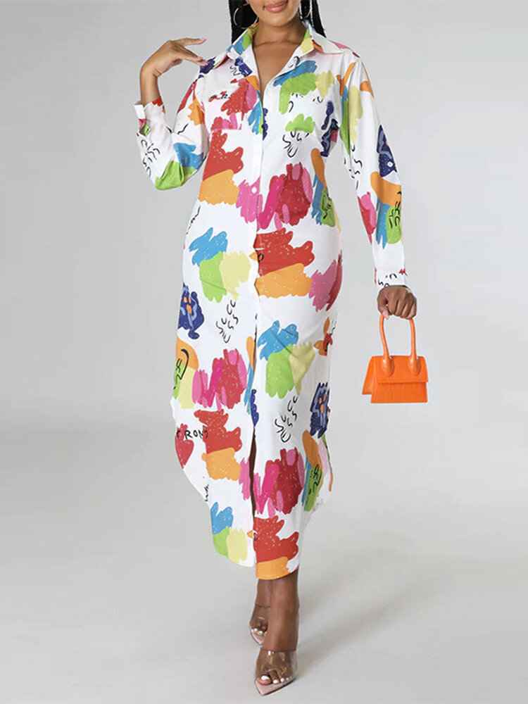 Langärmliges Maxihemd mit Knöpfen und Geo-Farbblockmuster Kleid