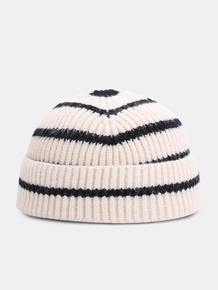 Unisex Knitted Color Contrast Striped Jacquard Dome Warmth Brimless Beanie Landlord Cap Skull Cap