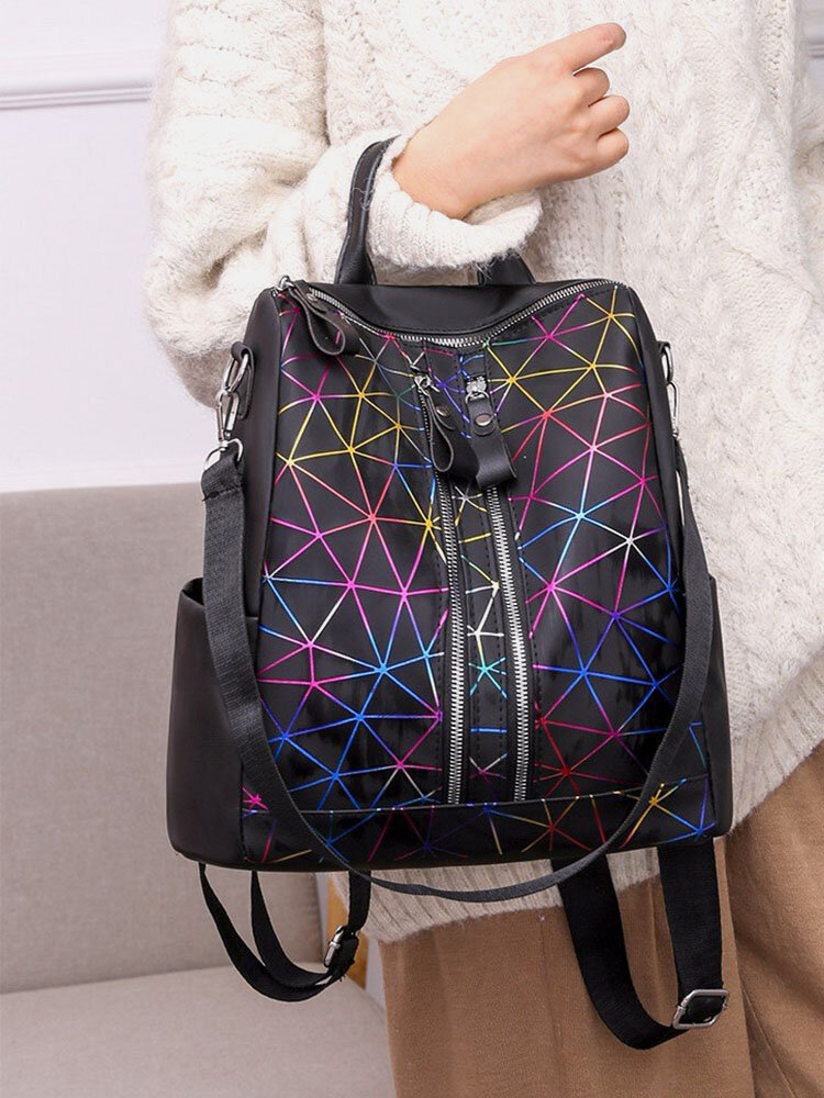 Women PU Leather Geometric Pattern Printed Multi-carry Crossbody Bag Shoulder Bag Backpack
