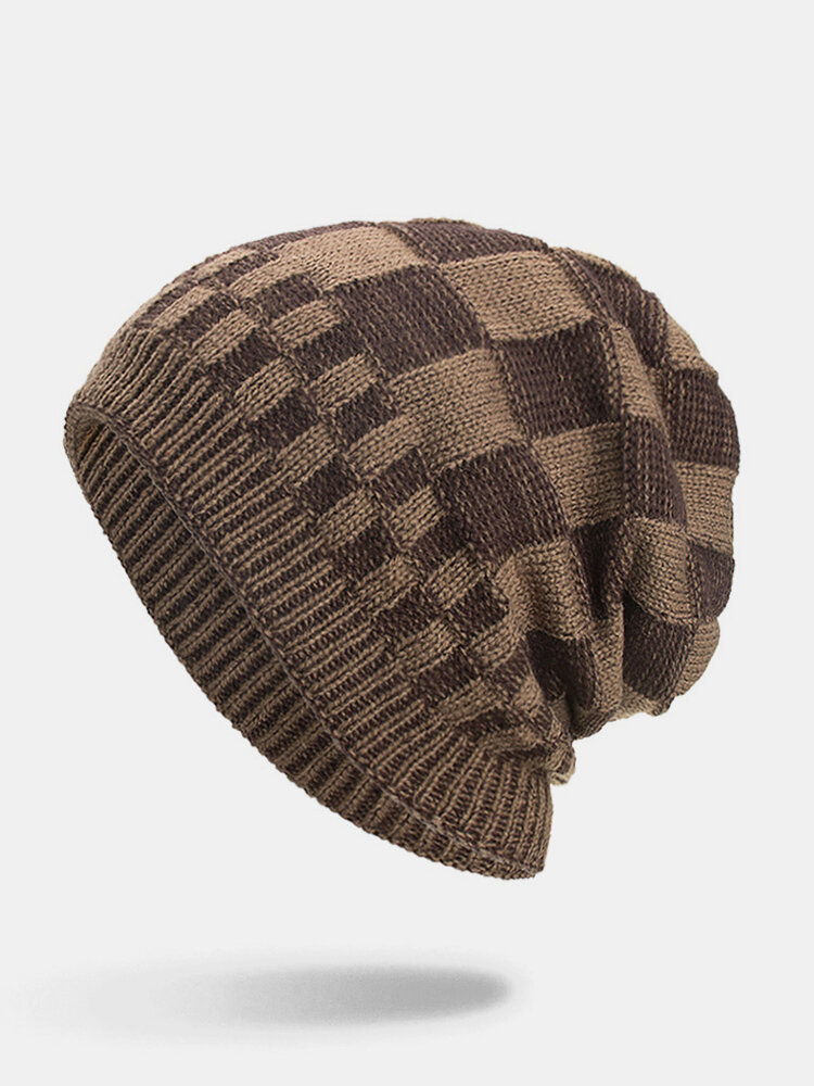Mens Square Lattice Wool Velvet Knitted Hat Warm Good Elastic Hat Winter Outdoor Casual Beanie