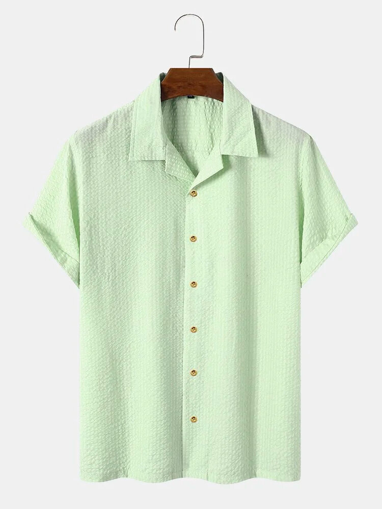

Mens Solid Texture Revere Collar Casual Short Sleeve Shirts, Green