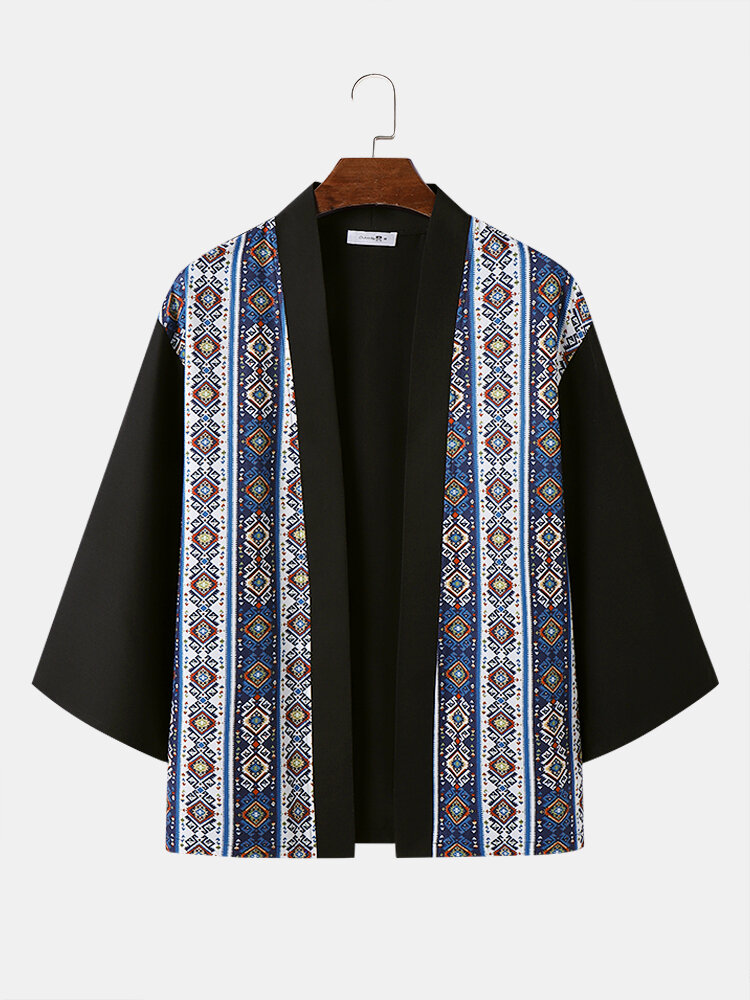 Kimono da uomo con maniche a 3/4 allentate patchwork con stampa geometrica vintage etnica