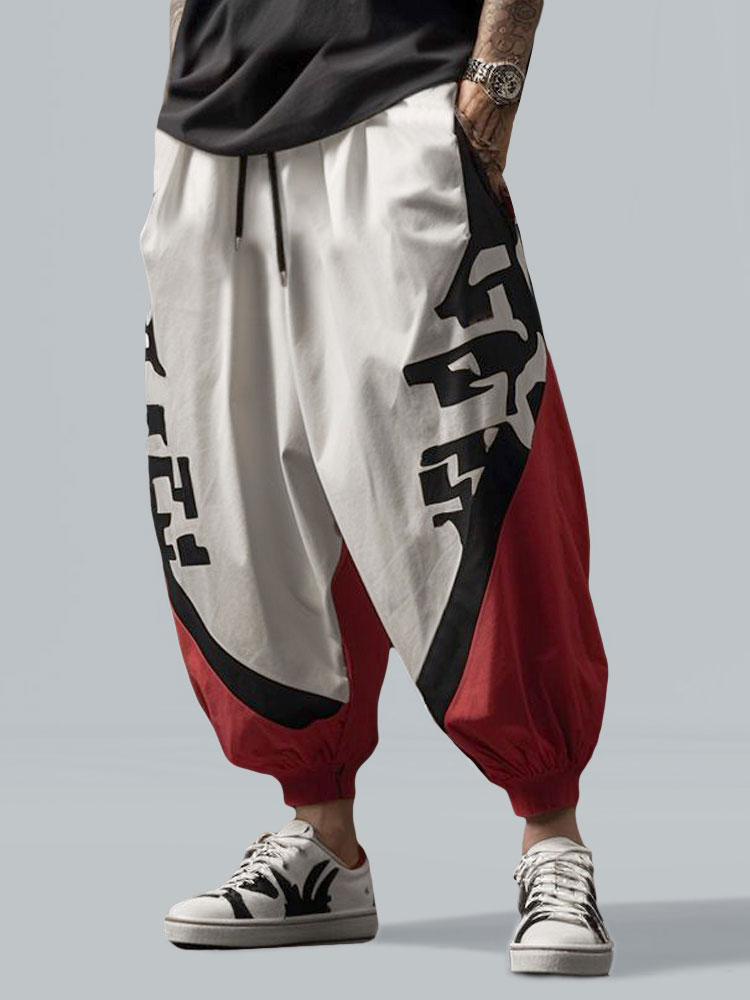Masculino colorido bloco patchwork casual solto com cordão na cintura Calças