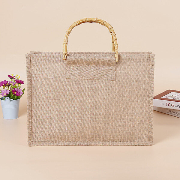 

Women Cotton And Linen Retro Literary Bag Vintage Stationery Straw Bag Bamboo Rattan Bag, Brown