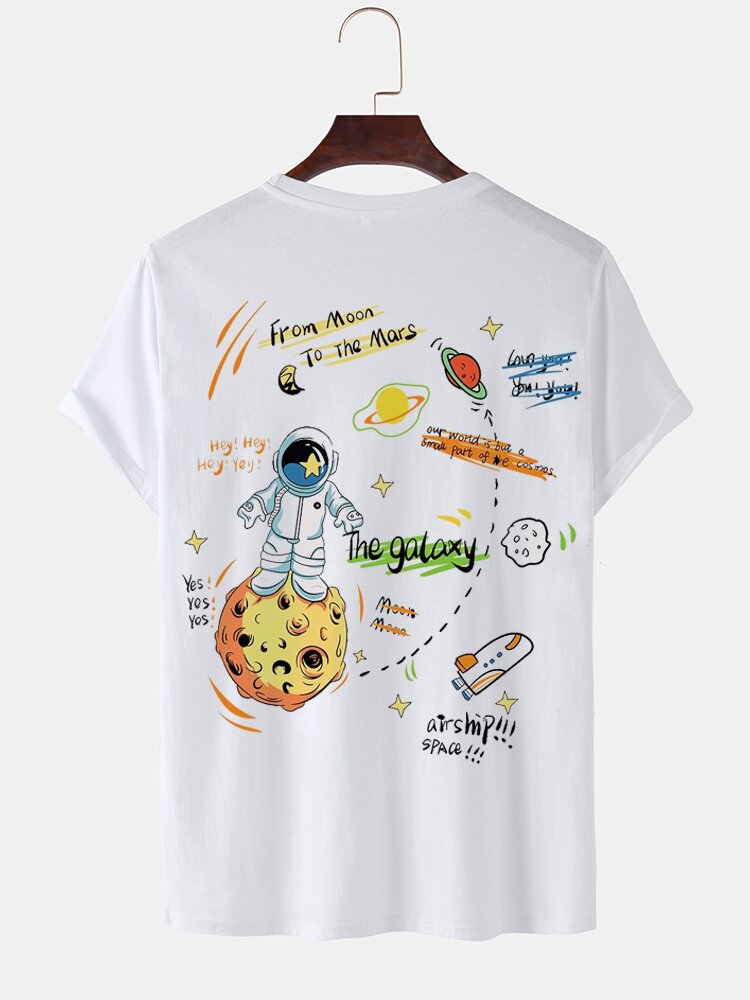 Mens Cartoon Planet Astronaut Back Print Crew Neck Camisetas de manga curta inverno