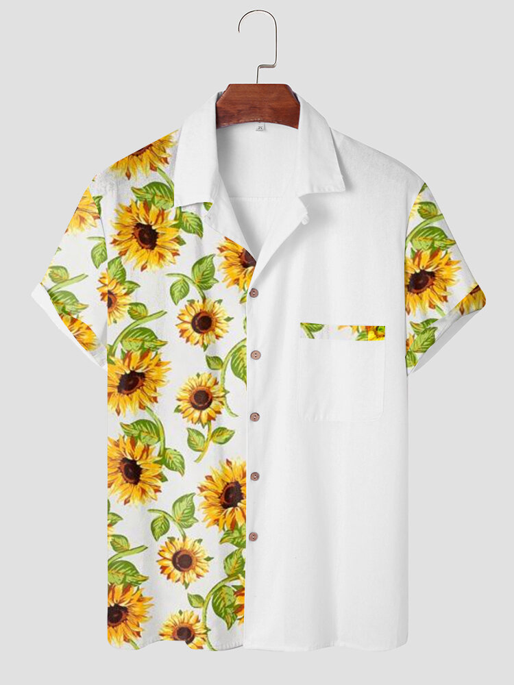 

Mens Sunflower Print Hawaiian Vacation Cotton Short Sleeve Shirts, White