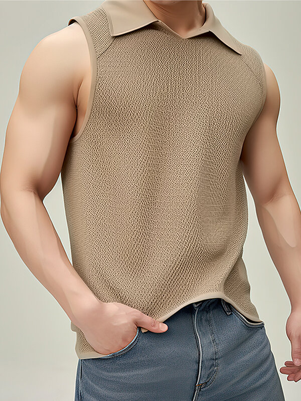 Camiseta sin mangas de punto con solapa sólida para hombre