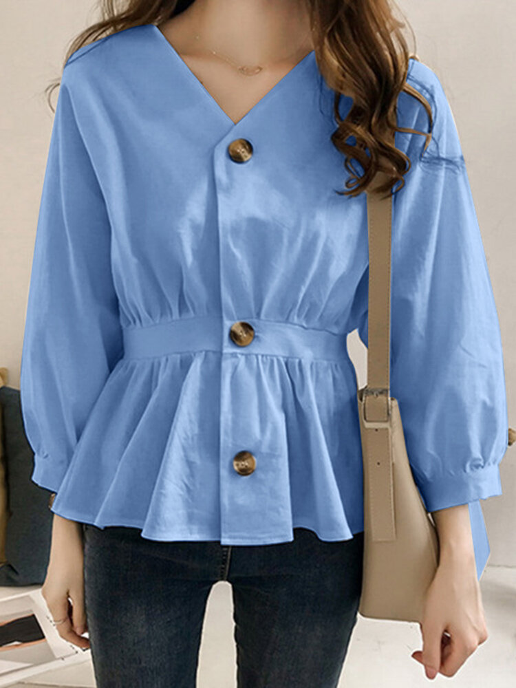 Solid Color Long Sleeve V-neck Button Blouse For Women