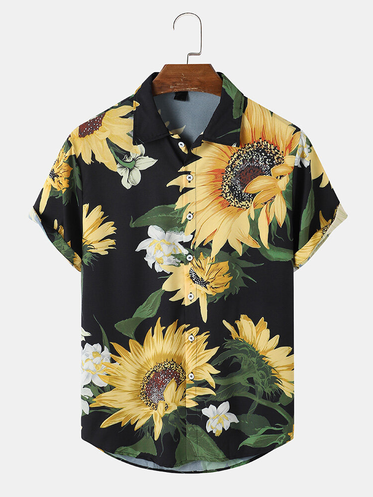 Mens Sunflower Graphics Black Lapel Short Sleeve Curved Hem Shirt