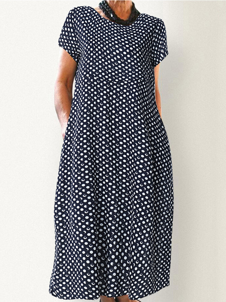 Polka Dot Print Short Sleeve Plus Size A-line Dress with Pockets