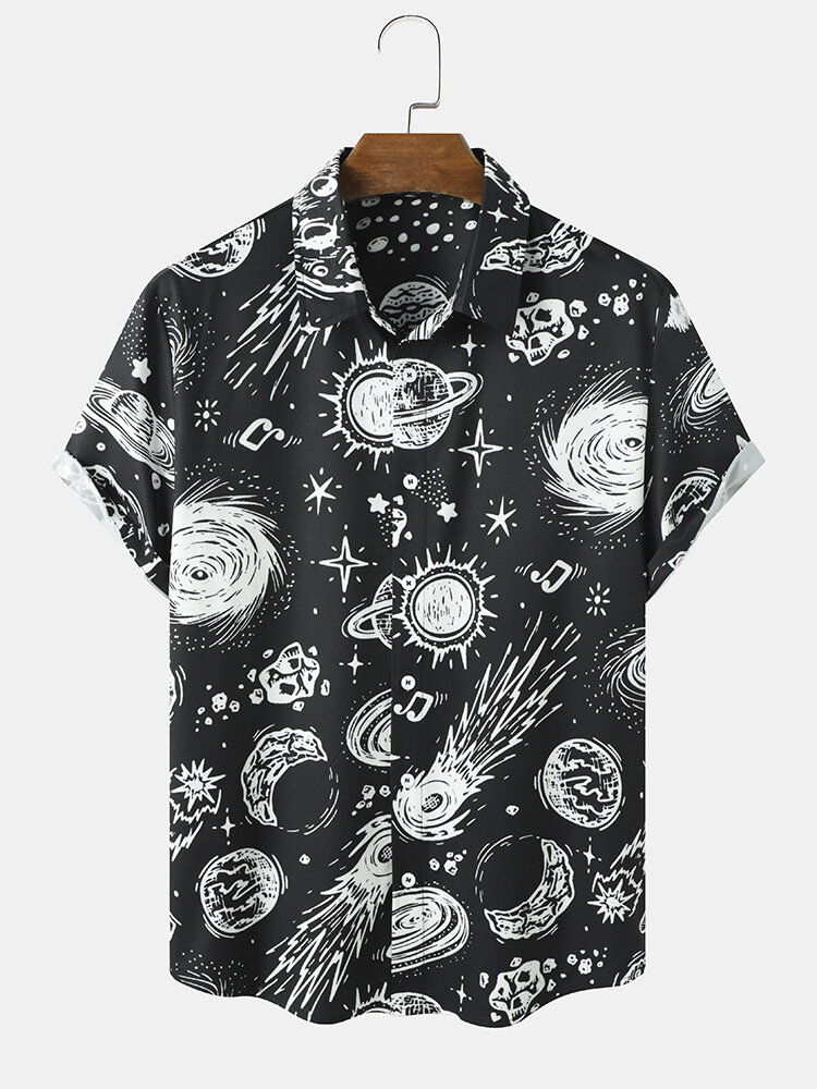 Mens Monochrome Space Planet Print Lapel Short Sleeve Shirts