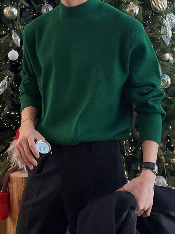 Мужской однотонный вязаный пуловер с полуворотником
