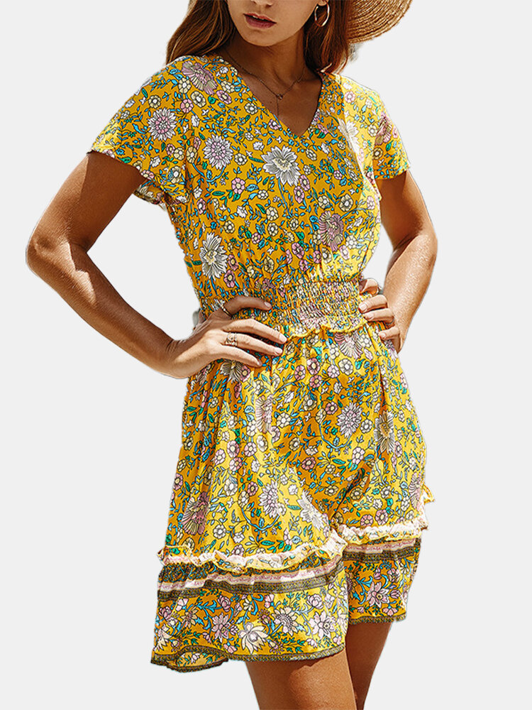 Bohemian Floral Print Short Sleeve Elastic Waist Dress For Women